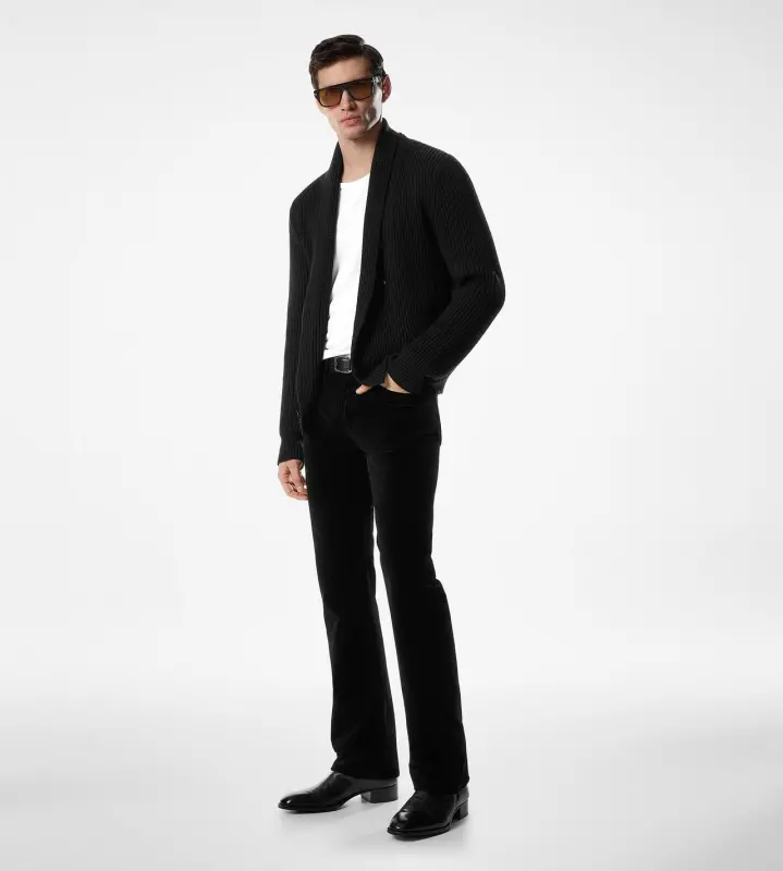 WOOL SILK SHAWL COLLAR CARDIGAN BLACK online